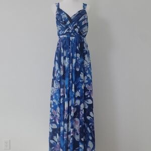 Women's Robbie Bee Royal Blue White Floral Sleeveless V-Neck Maxi Dress Size 6